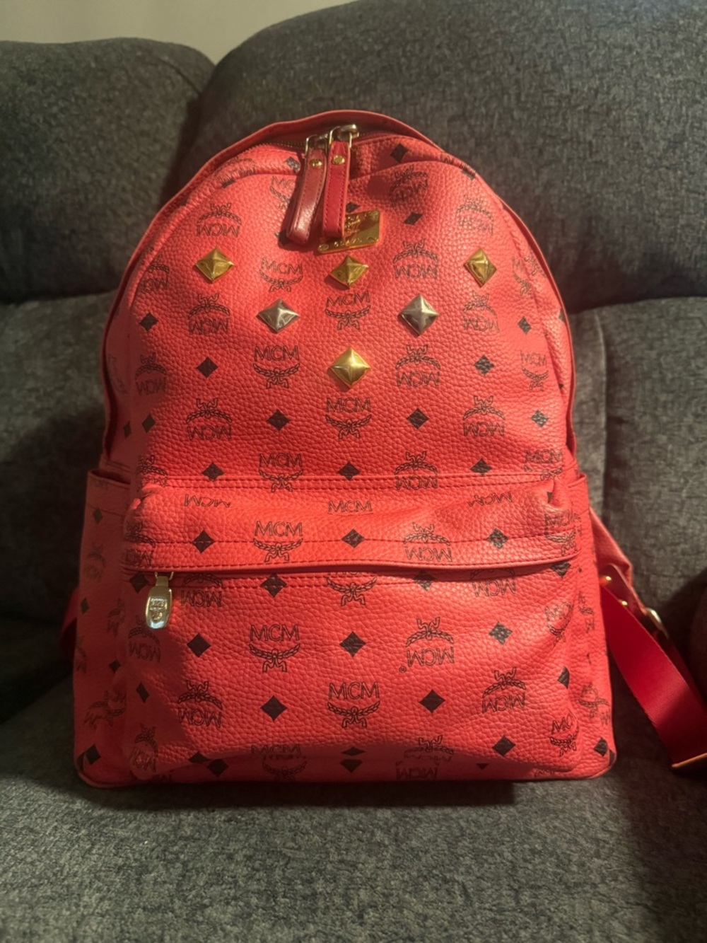 MCM Full Size very pink Logo-Print Leather Backpack with Gold Stud Accents